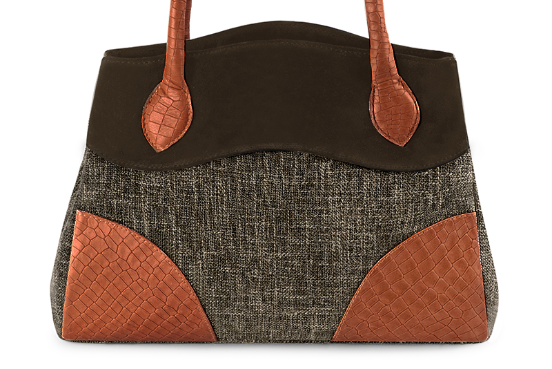 Dark brown and terracotta orange women's dress handbag, matching pumps and belts. Profile view - Florence KOOIJMAN